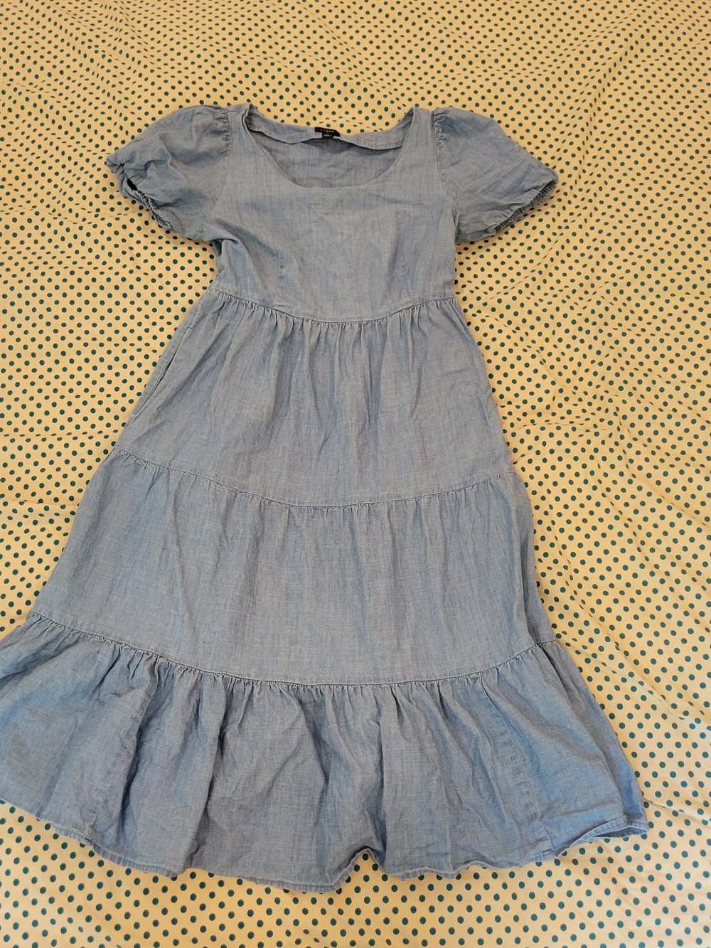 Chambray Tiered Puff-Sleeve Midi Dress with Pockets! - Picture 2 of 3